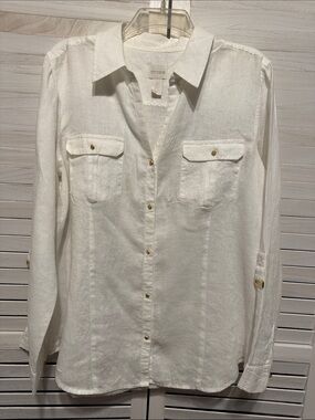 Chico's Linen Ivory Button-Down Shirt with Roll Tab Sleeves. Chico’s 2 (L)